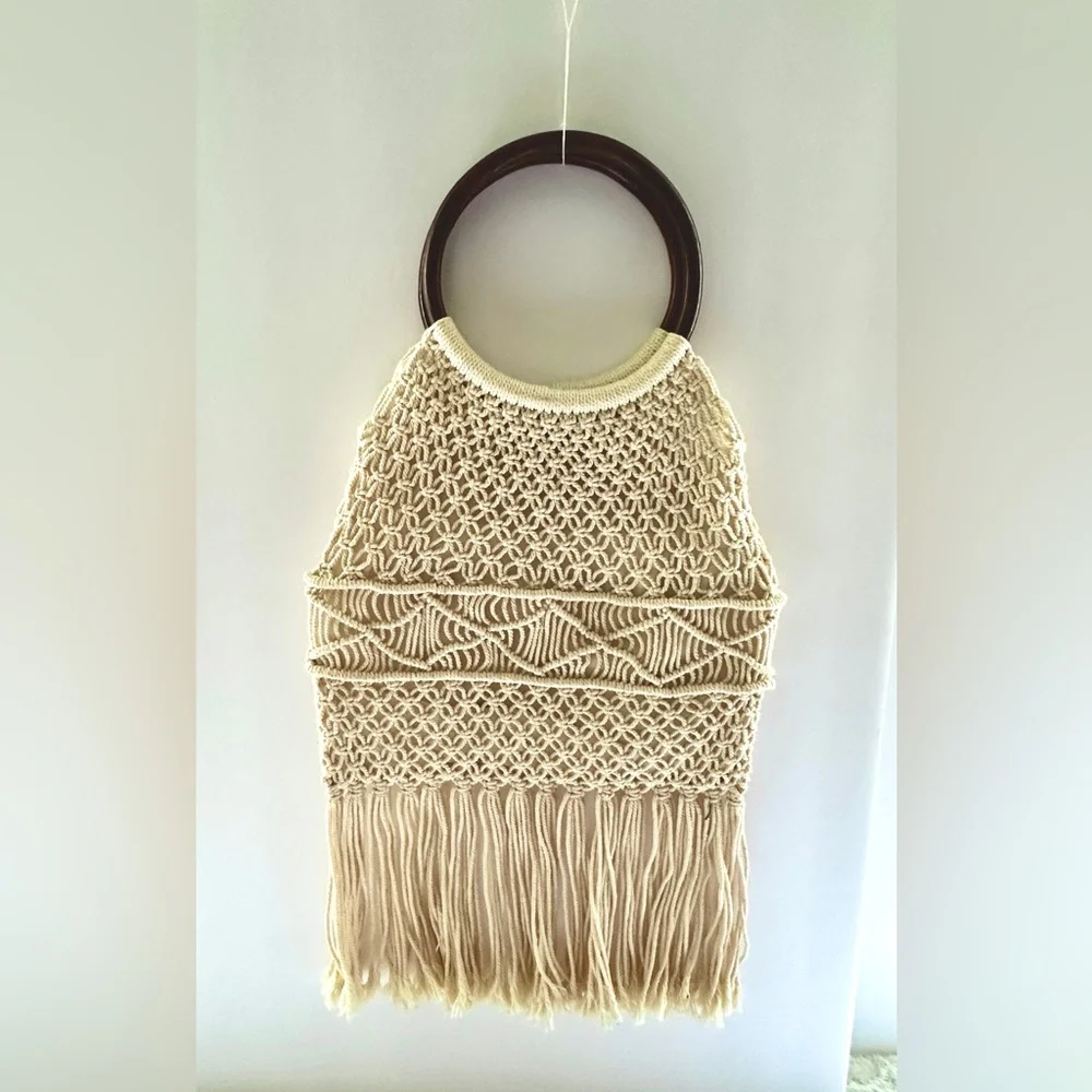 Macrame Crochet Handbag Woven Purse Wood Ring Handles Fringe Boho Bag NEW